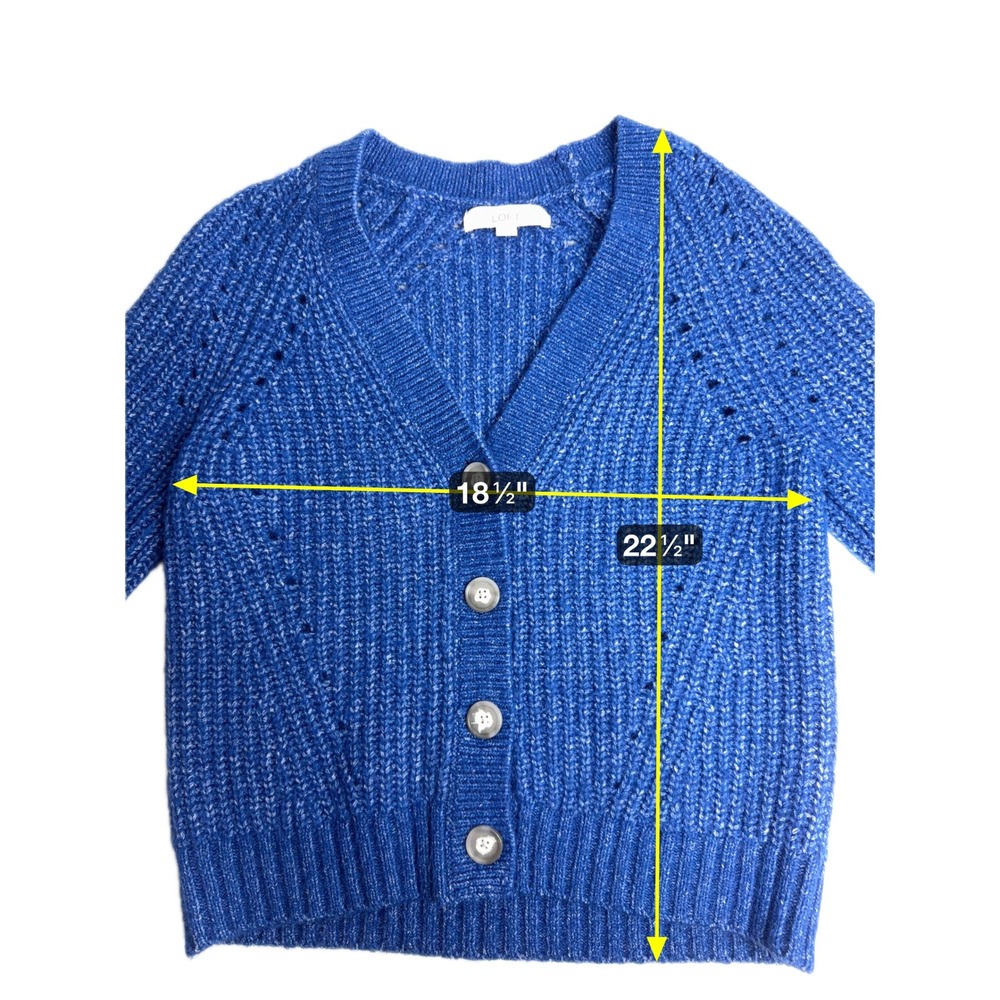 LOFT Wool Blend Blue V-Neck Button Front Cardigan Sweater Womens Medium Chunky - Picture 8 of 8